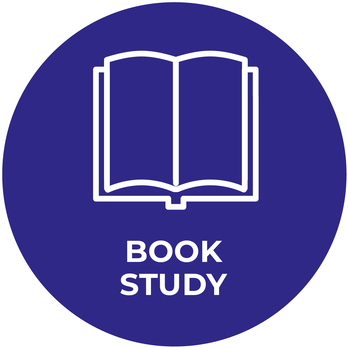 Icon: book study, white book outline on dark blue-purple background.